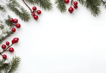 Red Berries and Pine Branches on Snowy White Background