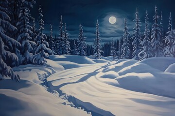 ethereal winter forest scene with moonlit snowcovered evergreens deep indigo sky casting silver shadows across pristine snowdrifts creating mystical atmosphere