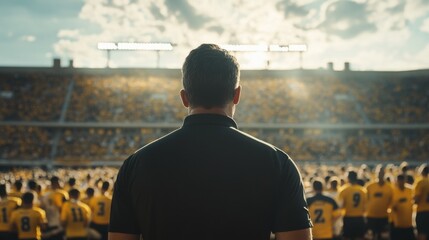 College stadium with the coach motivating the team during halftime. Featuring leadership and focus