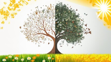 a tree with spring and autumn leaves on a white background, as a symbol of the spring and autumn equinox