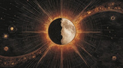 The illustration features a stylized sun and moon at the opposite sides, linked by a radiant equinox line