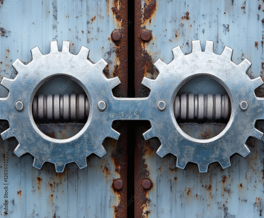 Poster metal gears interlocking mechanism industrial setting photography close-up concept of alignment