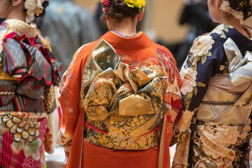 Naklejka premium 成人式で着物を着た女性の後ろ姿