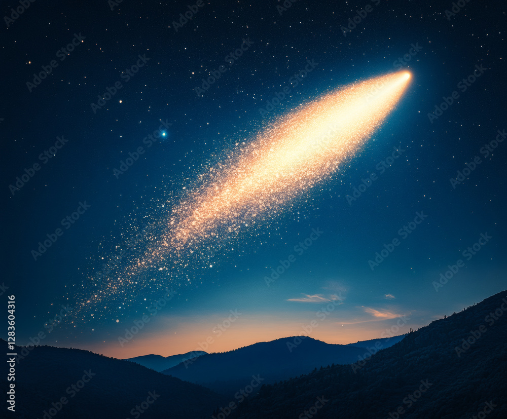 Poster astrophotography event capturing a comet's bright tail over mountainous landscape