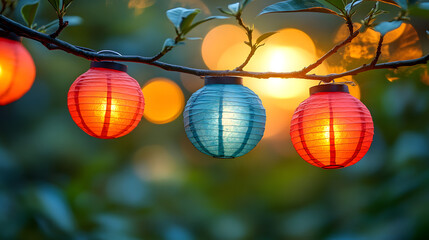 Obraz premium Evening Lanterns: A close-up view of colorful lanterns hanging on a branch, softly illuminating the scene with warm and inviting light, creating a magical ambiance. 