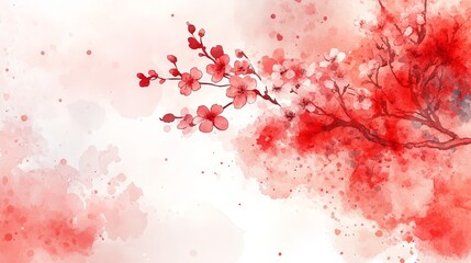 A watercolor painting of cherry blossoms with a soft red and white background.