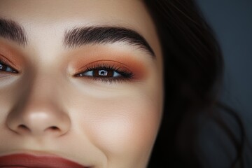 Obraz premium Close-up of a woman showcasing a stunning makeup look with warm tones and vibrant brows in a minimalist setting