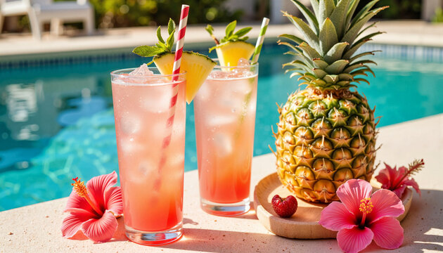 Tropical pineapple cocktails by the poolside, party, invitation, bachelorette party invitation, wedding, anniversary, background, copy space