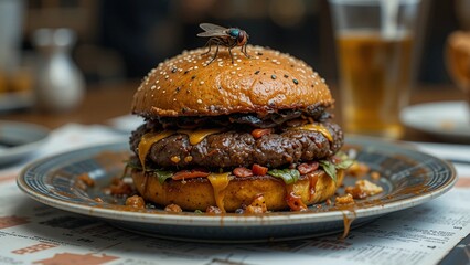 A flies stuck to the rotting burger on the plate. Unhealthy food concept