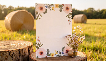 Blank floral invitation card on rustic farm setting, party, invitation, bachelorette party invitation, wedding, anniversary, background, copy space