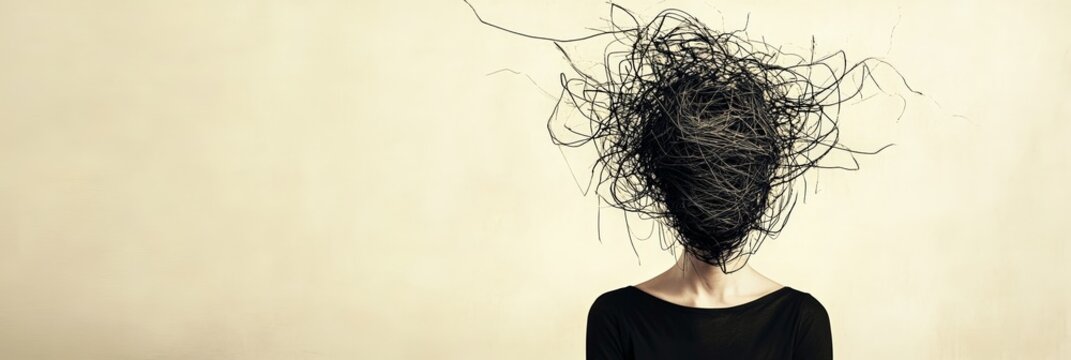 Surreal portrait depicting a woman suffering from dementia, symbolized by tangled wires exploding from her head, representing the chaotic and overwhelming nature of the disease