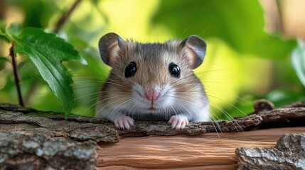 Cute mouse peeking from tree branch, nature background, wildlife