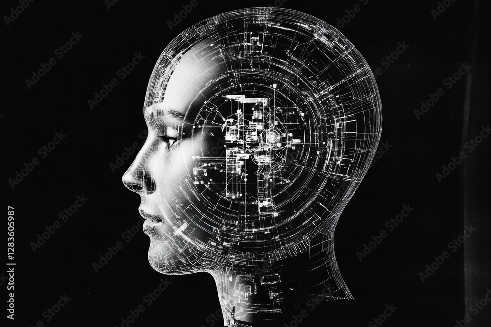 Poster Outline of a human head filled with mechanical designs representing concepts of artificial intelligence and its functions. Generative AI