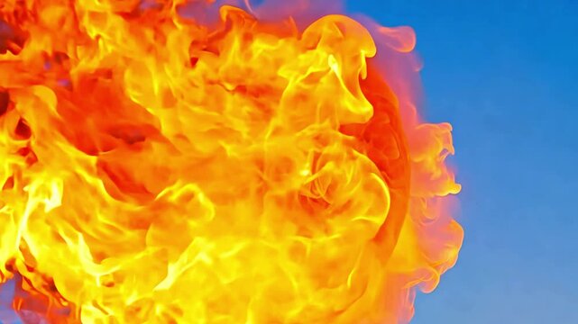 Fire in blue sky. Fire Arm, Fire ball, Fire blast, fire embers, flamethrower, movies like quality, fireball sweep, fireball element 4k video