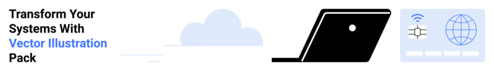 Black laptop with open screen, cloud icon, and global network interface. Ideal for technology, innovation, connectivity, cloud solutions, digital transformation, web services data concepts abstract