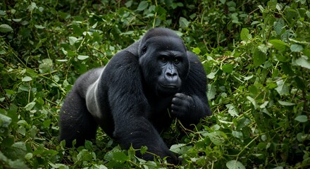 Silverback Gorilla Posing in Lush Greenery Habitat for Wildlife Conservation