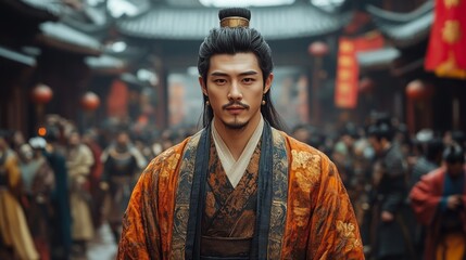 Fototapeta premium Man in Ancient Chinese Costume Portrait in Vibrant Historic Setting