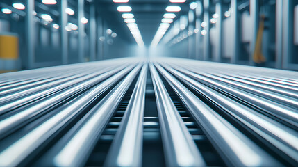 A close-up view of metallic rails extending into a well-lit industrial space, showcasing a sleek, modern design.