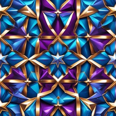 Elegant 3D Islamic Geometric Pattern with Seamless Glossy Tiles: A Symmetrical Star Motif in Jewel-Toned Purple, Blue, and Gold on a Gradient Background, Perfect for Decorative Ramadan
