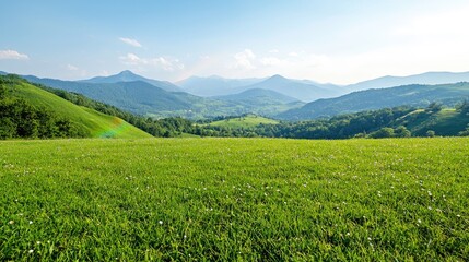 Fototapeta premium Expansive Mountain Meadow Landscape Under Blue Sky