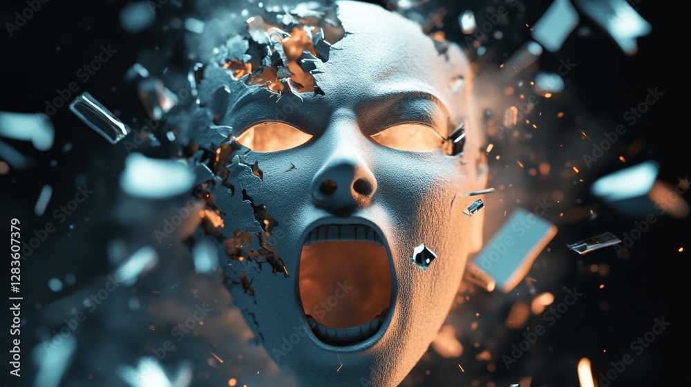 Poster White head exploding and screaming, symbolizing the overwhelming sensations of information overload, stress, burnout, migraines, dementia, and various mental health challenges