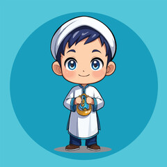 Vector Cartoon: Cute Muslim Boy with Crescent Moon - Illustration Icon