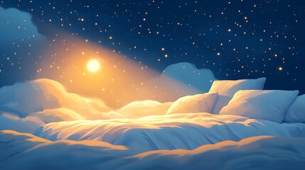 The warm bedroom with moonlight shining on the white sheets