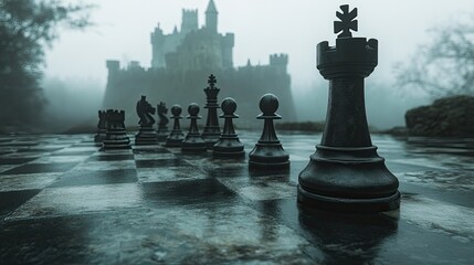 Chess Knights Set Against Misty Castle Ruins, Creating a Mysterious and Strategic Scene.