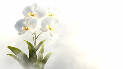 Fototapeta premium Elegant White Orchids in Misty Air, Serene Beauty Blooms Gracefully, Evoking Tranquility and Peace in a Soft, Gentle Atmosphere.