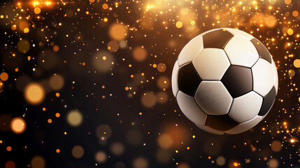 Fototapeta premium Classic black and white soccer ball on glittering golden surface with glowing light bokeh, symbolizing football victory, championship celebration, and sports achievement
