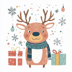 Naklejka premium Cute Reindeer Christmas Card: An adorable cartoon reindeer, wearing a cozy scarf, stands happily beside wrapped gifts amidst snowflakes and festive ornaments. Perfect for holiday greetings.
