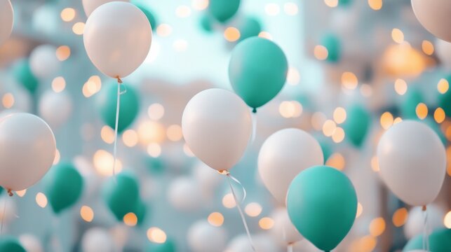 Pastel-colored balloons float against a bokeh background. Festive and cheerful. - Powered by Adobe