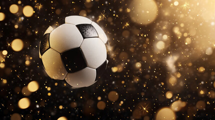 Naklejka premium Classic black and white soccer ball on glittering golden surface with glowing light bokeh, symbolizing football victory, championship celebration, and sports achievement