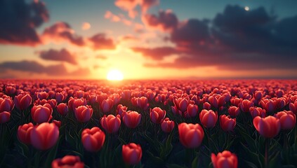 Vibrant Red Tulip Field Under Sunset with Warm Light and Clouds