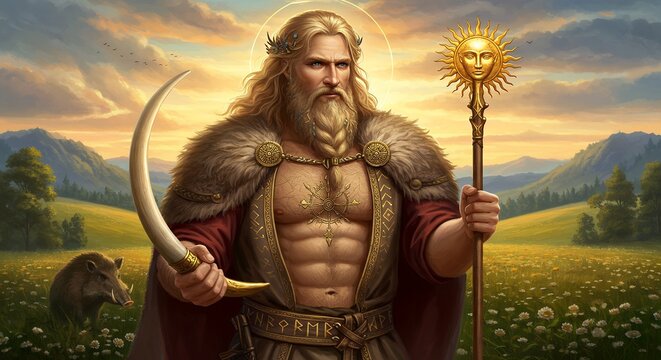 The Norse god Freyr stands in a blooming summer landscape