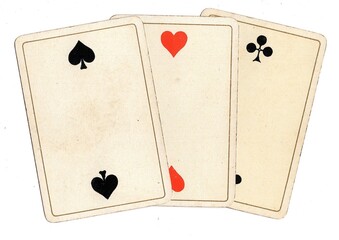 Antique playing cards showing three of the same value on a white background.