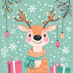 Fototapeta premium Festive Reindeer Illustration: A cheerful reindeer character with a cozy scarf and festive decorations, set against a backdrop of falling snowflakes and holiday lights.