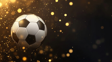 Fototapeta premium Classic black and white soccer ball on glittering golden surface with glowing light bokeh, symbolizing football victory, championship celebration, and sports achievement