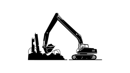 excavator destroy building, black isolated silhouette