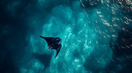Fototapeta premium Manta Ray Swimming Gracefully in Tropical Ocean Waters Aerial View