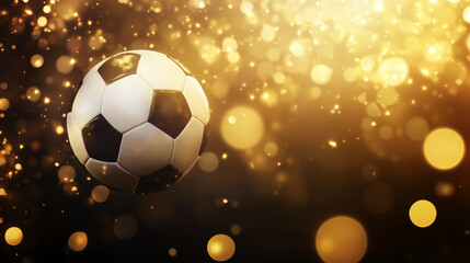 Obraz premium Classic black and white soccer ball on glittering golden surface with glowing light bokeh, symbolizing football victory, championship celebration, and sports achievement