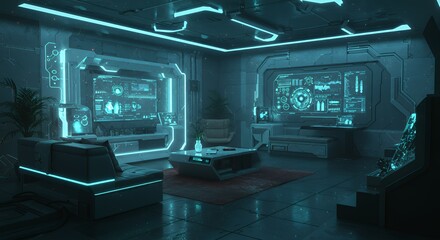 Modern Futuristic Interior Living Room with Neon Lighting and Advanced Tech