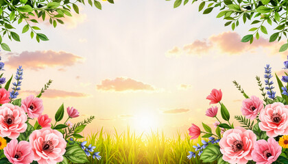 Obraz premium Sunrise over floral meadow with green leaves border, party, invitation, bachelorette party invitation, wedding, anniversary, background, copy space