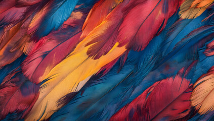 Fototapeta premium Close-up of colorful parrot feathers, featuring vibrant red, blue, and yellow colors in a photo-realistic 