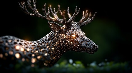 Obraz premium Intricate metal deer sculpture glows softly in the night. A captivating contrast of light and shadow.