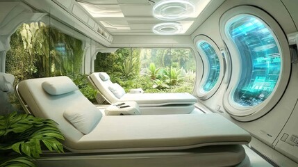 Futuristic Relaxation Room: Tropical Oasis in Space