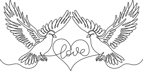 Doves as a Symbol of Love and Affection, One Line Drawing with Editable Strokes on a White Isolated Background. Vector Illustration