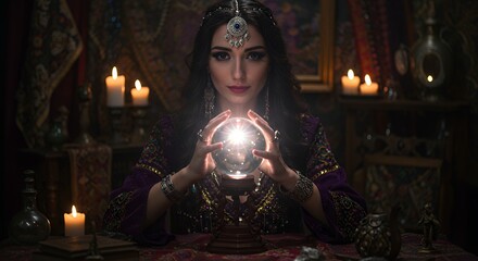Fortune Teller Holding Crystal Ball Predicting Future in Mystical Setting
