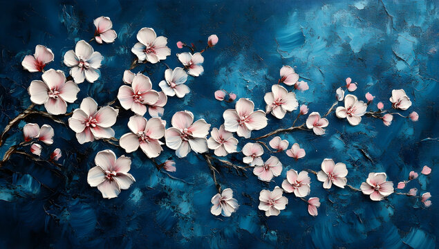 3D oil painting of cherry blossoms on dark blue background, pink and white flowers, floral art, elegant, fantasy
