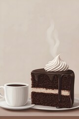 Obraz premium Chocolate cake and hot coffee under soft light